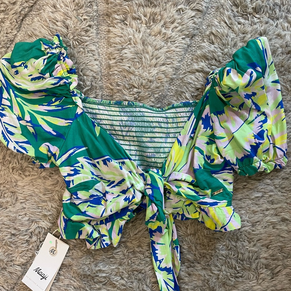 Maaji green/blue leafy tie front crop top